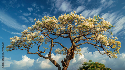 African Milk Tree in bloom, with its delicate flowers adorning the tips of its branches and attracting pollinators, showcasing the tree's role in supporting biodiversity in its native habitat. photo