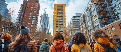 Women marching in a parade for International Women's Day, chanting empowering slogans, set against an urban backdrop photo