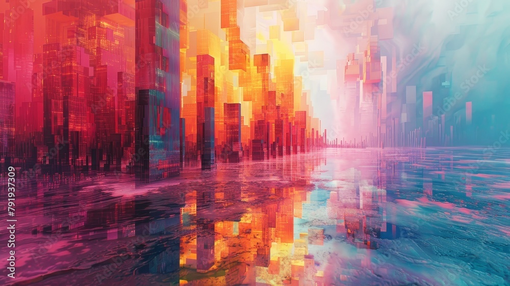Colorful abstract painting of a city with tall buildings and reflections in the water.