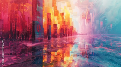 Colorful abstract painting of a city with tall buildings and reflections in the water.