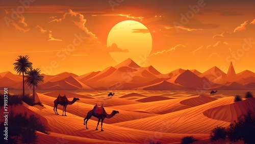 Desert landscape with dunes sandstorms oases camels and scorching heat. Concept Desert Landscapes, Dunes, Sandstorms, Oases, Camels, Scorching Heat