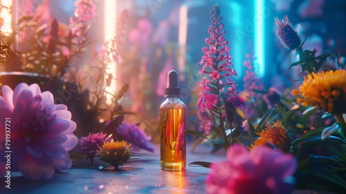 A bottle of essential oil surrounded by colorful flowers. photo