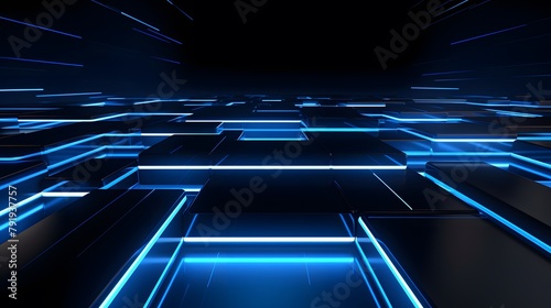 3d rendering of blue and black abstract geometric background. Scene for advertising, technology, showcase, banner, game, sport, cosmetic, business, metaverse. Sci-Fi Illustration. Product display