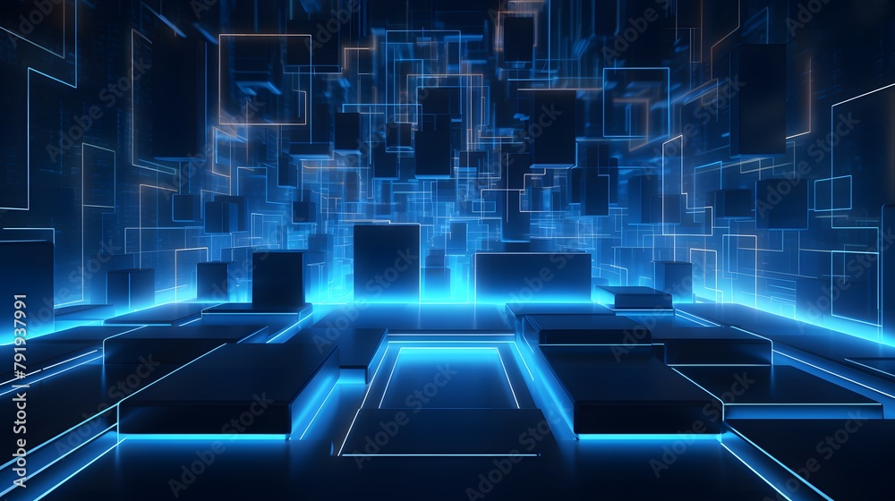 3d rendering of blue and black abstract geometric background. Scene for advertising, technology, showcase, banner, game, sport, cosmetic, business, metaverse. Sci-Fi Illustration. Product display 3d rendering of blue and black abstract geometric background. Scene for advertising, technology, showcase, banner, game, sport, cosmetic, business, metaverse. Sci-Fi Illustration. Product display