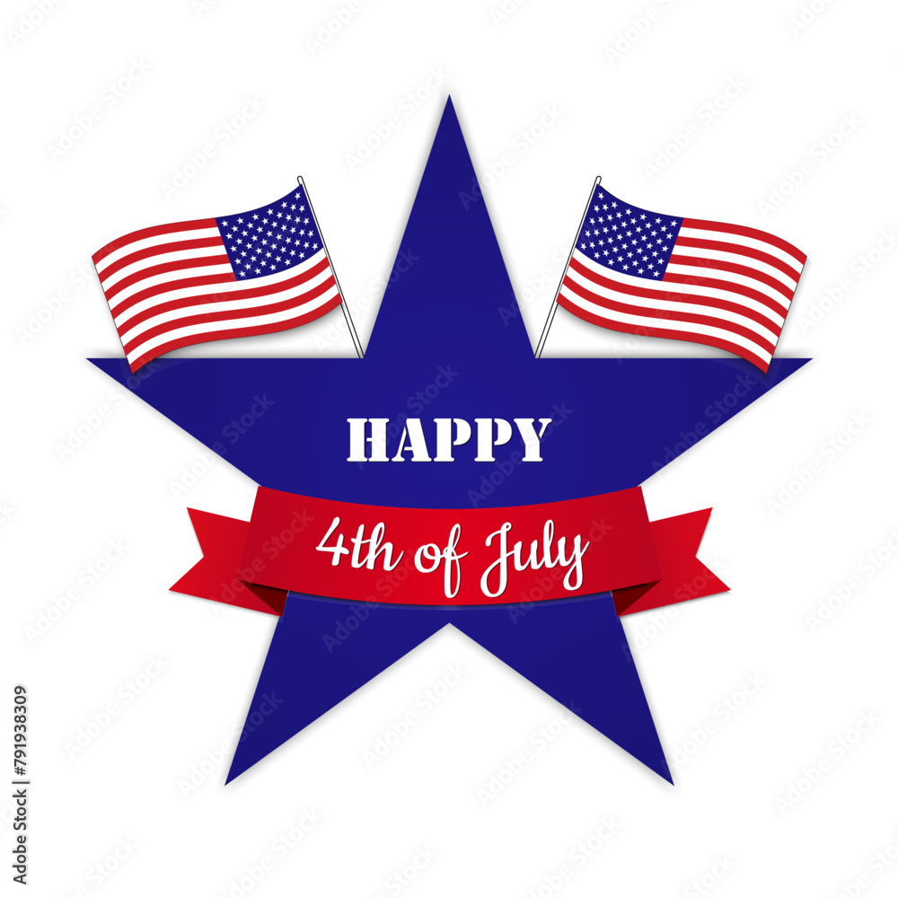 United States Of America 4th July Independence Day Logo Badge vector Illustration isolated on white background. Blue star, American flags and red banner.