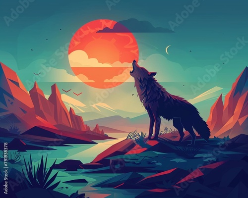 A lone wolf howls at a bloodred sun, its mournful cry echoing across a barren wasteland ,
