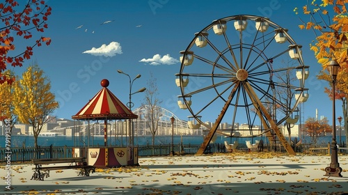 A rusty Ferris wheel stands motionless in an abandoned amusement park, a haunting reminder of a life before the nuclear disaster ,