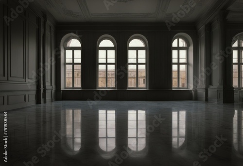 huge panoramic gray white curtain marble window empty floor has gray Room vitrage photo