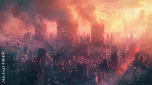 A post-apocalyptic cityscape with a red tint.