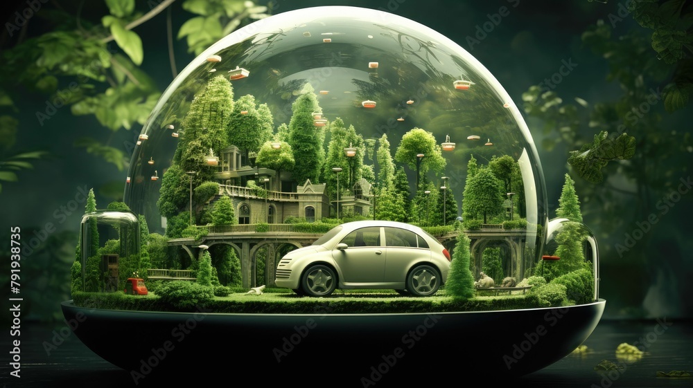Green driving concept portrayed in an urban setting, showcasing vehicles' low impact on the environment