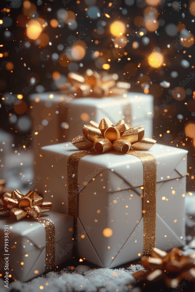 Pristine White Presents Adorned with Gold on Glittering Background Pristine White Presents Adorned with Gold on Glittering Background