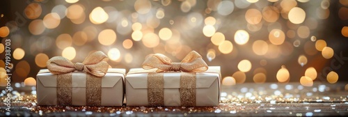 Elegant White Gift Boxes with Golden Bows on Bokeh Background