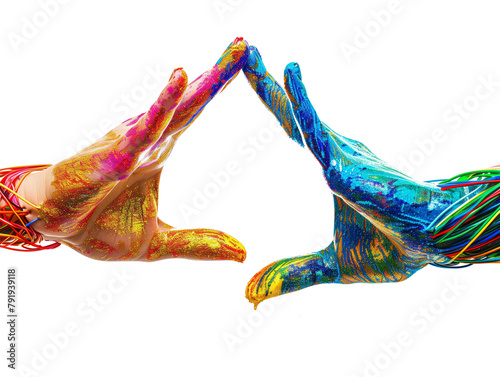 mãos coloridas e com fios ligadas num toque de amizade photo