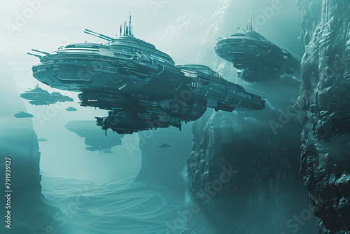 Futuristic Sci-fi battle space ships over ocean