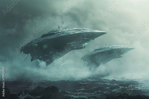 Futuristic Sci-fi battle space ships over ocean
