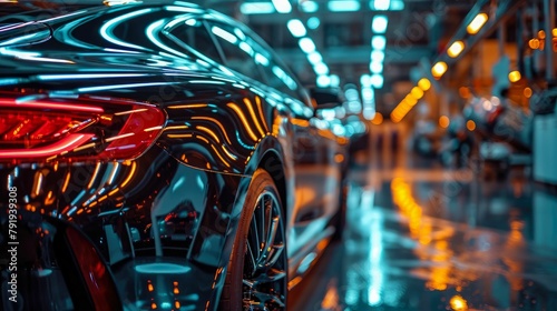 bustling car detailing station with technicians meticulously applying ceramic coating to a high-end sedan, capturing the reflection of ambient lights on its glossy surface