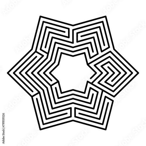 Hexagonal maze, star-shaped, six-pointed labyrinth in seven courses, with a collection of paths from the entrance to the goal. Construction template of the 17th century for a hedge maze of a garden. photo