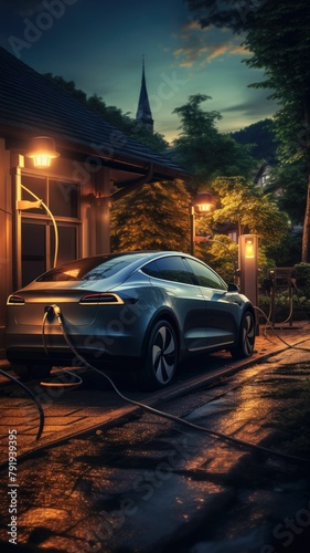 Charging at home: Depicting electric cars charging in residential areas, emphasizing convenience and home-based sustainability