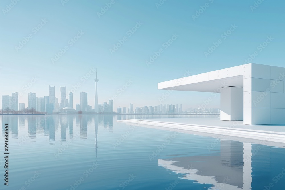 Fototapeta premium Modern buildings by the lake. The modern urban skyline is in the background.