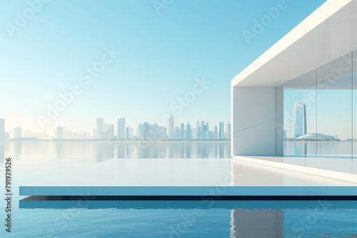 Modern buildings by the lake. The modern urban skyline is in the background.