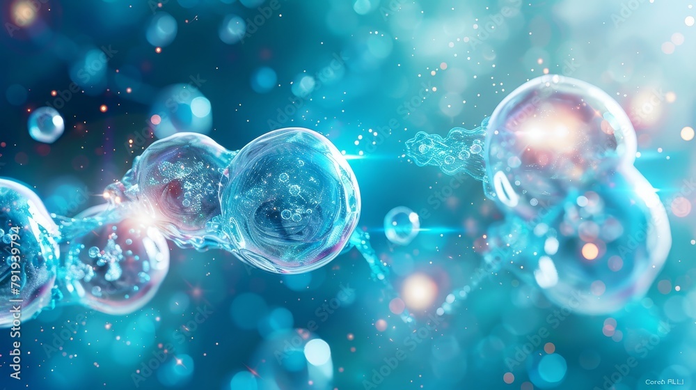 A microscopic view of a chemical reaction between two molecules.