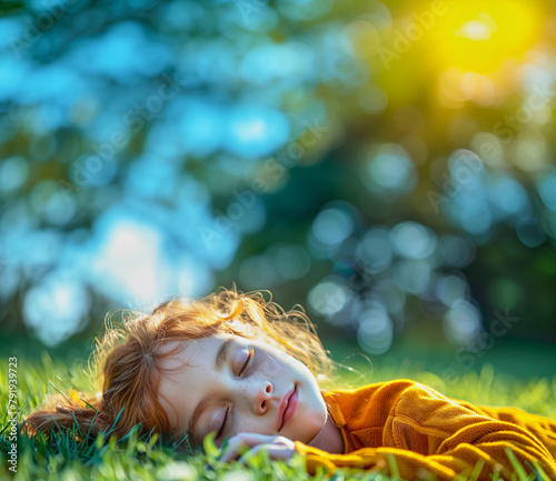 Step into a serene tableau where a pretty young red-haired girl sleeps peacefully amidst sun-drenched meadows. Bathed in the golden glow of the radiant sun, she exudes an aura of warmth and tranquilit