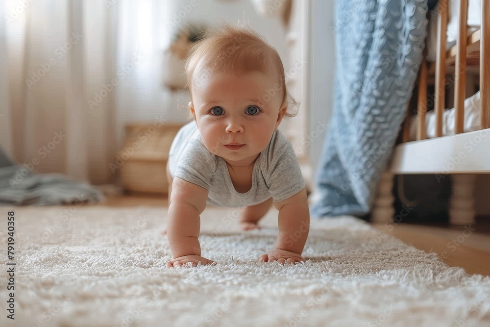 A baby with inquisitive eyes crawls on a textured carpet, exploring the surroundings in a domestic setting