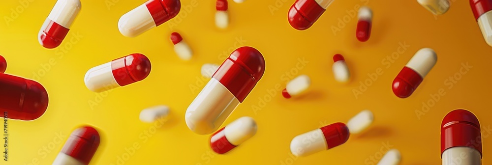 Medication Concept: Red and White Pills in Mid-Air on a Yellow Background Medication Concept: Red and White Pills in Mid-Air on a Yellow Background