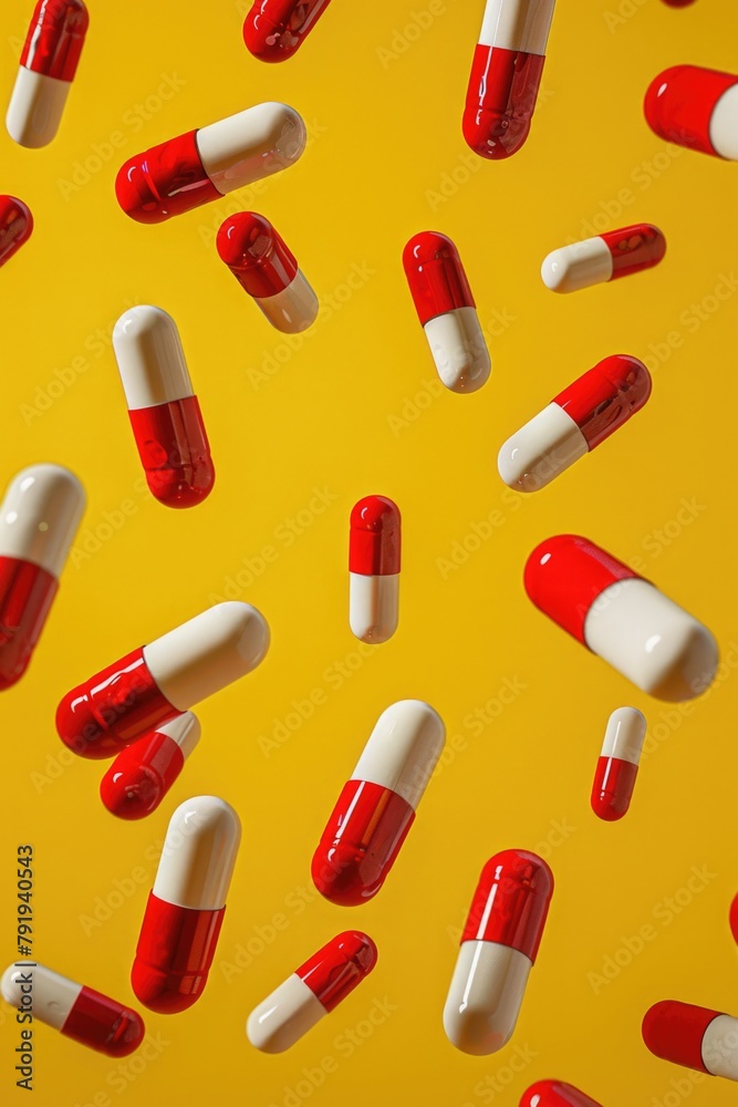 Medication Concept: Red and White Pills in Mid-Air on a Yellow Background Medication Concept: Red and White Pills in Mid-Air on a Yellow Background