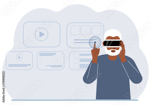 A man wearing a virtual reality headset studies, works, plays and works.