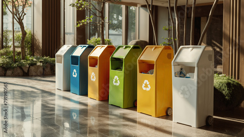 Row of colorful recycling bins in a modern building environment promoting waste segregation and sustainability.