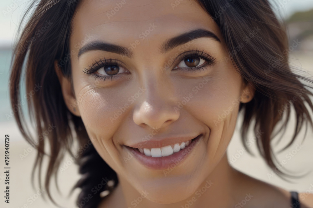 Beautiful smiling portrait of a young Latina girl on the beach. People's lifestyle. Summer atmosphere.