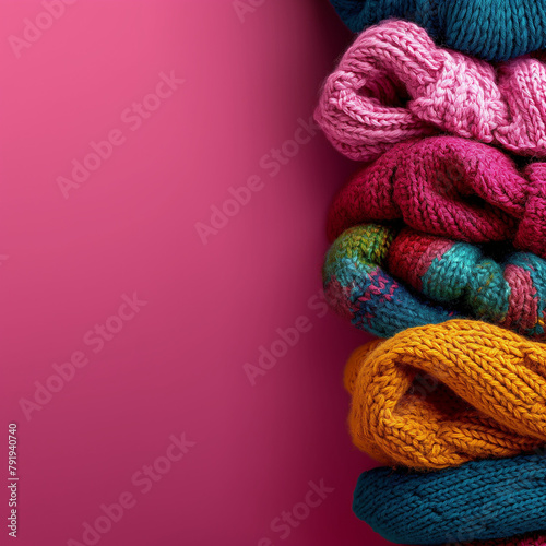 colorful knitwear on a seamless monochromatic dark pink backdrop.