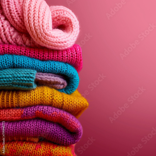colorful knitwear on a seamless monochromatic dark pink backdrop.