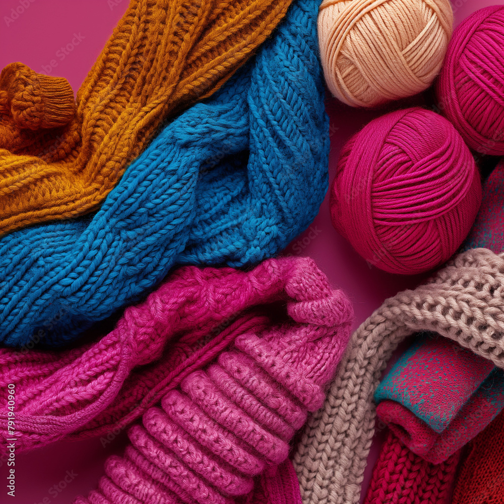 colorful knitwear on a seamless monochromatic dark pink backdrop. colorful knitwear on a seamless monochromatic dark pink backdrop.