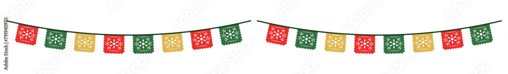 Mexican papel picado paper cut holiday flags and banners. Day of the Dead, Dia De Los Muertos and Cinco de Mayo flags with. isolated on a white background. Vector illustration. eps 10