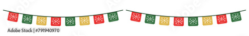 Mexican papel picado paper cut holiday flags and banners. Day of the Dead, Dia De Los Muertos and Cinco de Mayo flags with. isolated on a white background. Vector illustration. eps 10 photo