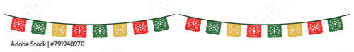 Mexican papel picado paper cut holiday flags and banners. Day of the Dead, Dia De Los Muertos and Cinco de Mayo flags with. isolated on a white background. Vector illustration. eps 10