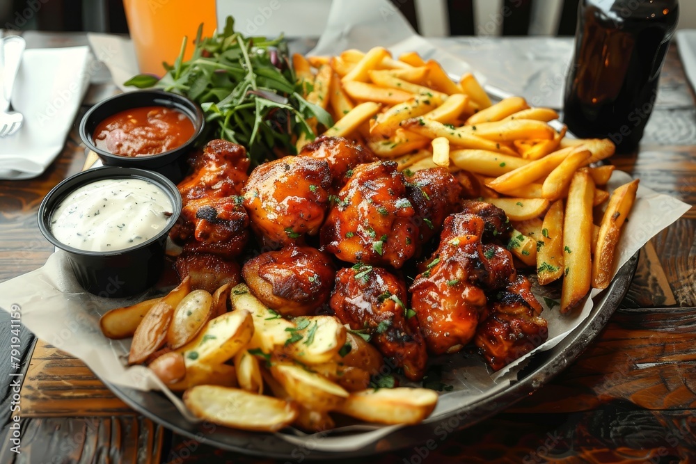 An inviting image showcasing a generous portion of glistening chicken wings with a side of fries and dipping sauce An inviting image showcasing a generous portion of glistening chicken wings with a side of fries and dipping sauce