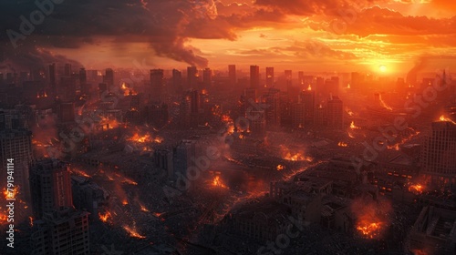 Fiery Sunset Over a Ruined Cityscape