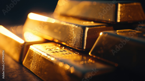 Pile of gold bars, shiny golden ingots closeup, much money bricks in dark room. Concept of luxury blocks, wealth, finance, bullion, trade