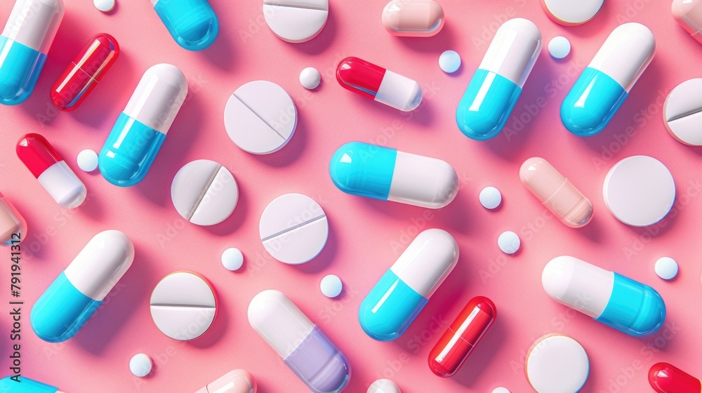 Assorted Medication Capsules on Pink Background Assorted Medication Capsules on Pink Background