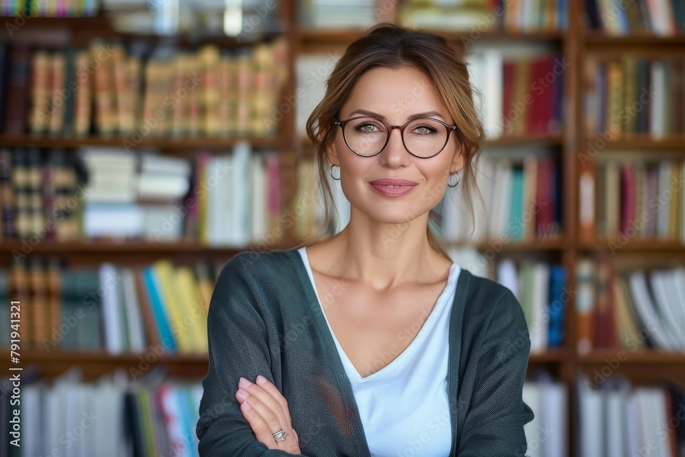 Attractive librarian with a confident smile stands before an extensive array of books Attractive librarian with a confident smile stands before an extensive array of books