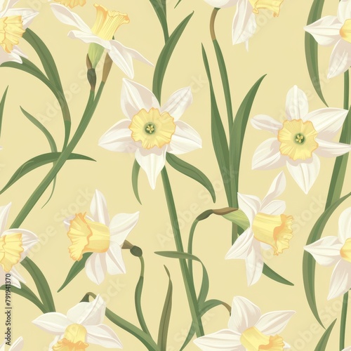 Daffodil pattern on light yellow background. Seamless floral design for textile, wallpaper, and greeting cards. Springtime concept.