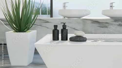 Modern minimalist bathroom with a geometric bathtub  green plant  and sleek black bottles.