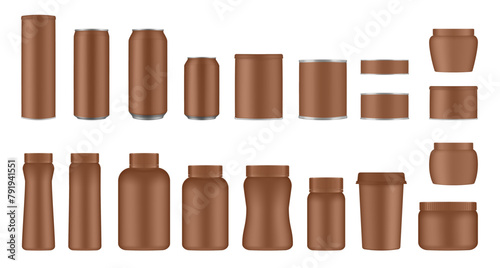 Set of brown tin cans and jars. Coffee or tea canister. Tin can for preserves or pet food. Beer, cocktail or soda can. Chips tube. Cookie jar. Round box for sugar or flour