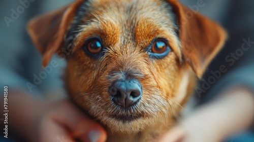 A closeup of a brown, scruffy dog looking at the camera with its big, round eyes.