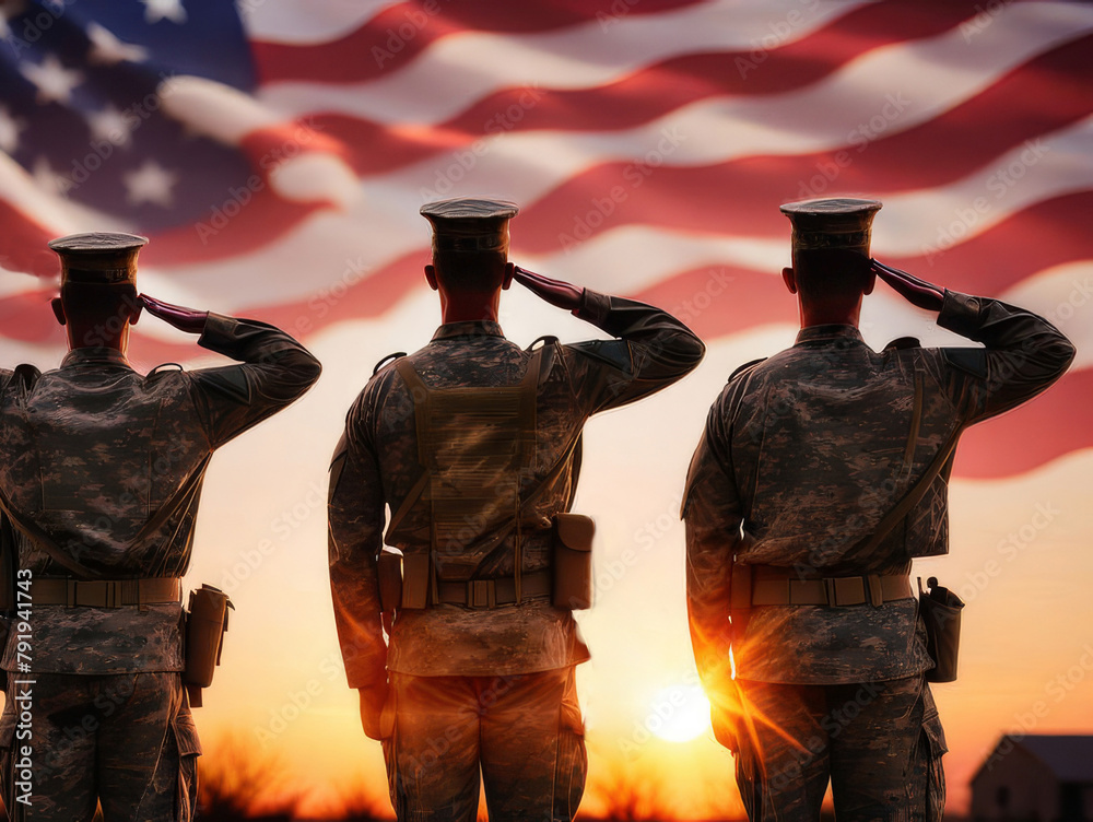 Rear view of military personnel saluting the US flag at sunset.