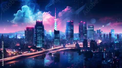 Night city panoramic skyline with illuminated skyscrapers and street lights