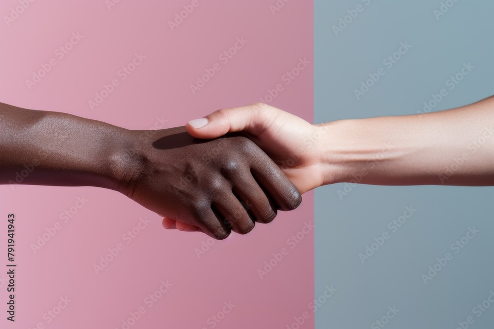 Handshake between black and white hands on a split pink and blue background. Unity and diversity concept. Design for social inclusion, partnership, and friendship Handshake between black and white hands on a split pink and blue background. Unity and diversity concept. Design for social inclusion, partnership, and friendship